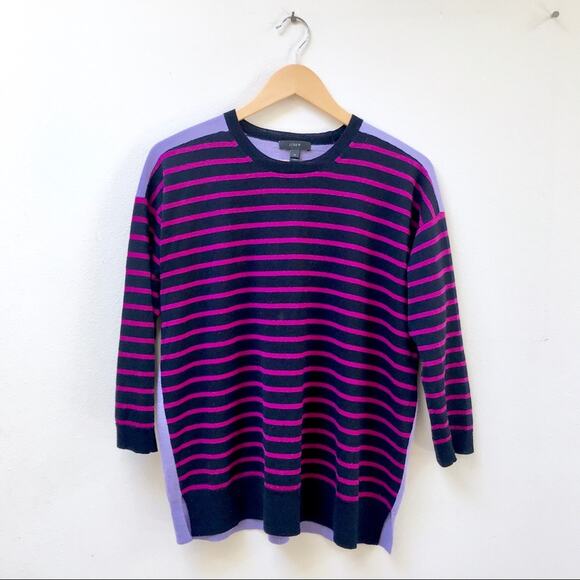 J. Crew Merino Wool Purple Stripe Sweater 3/4 Sleeves Women's Medium Style 03807 - Picture 1 of 4